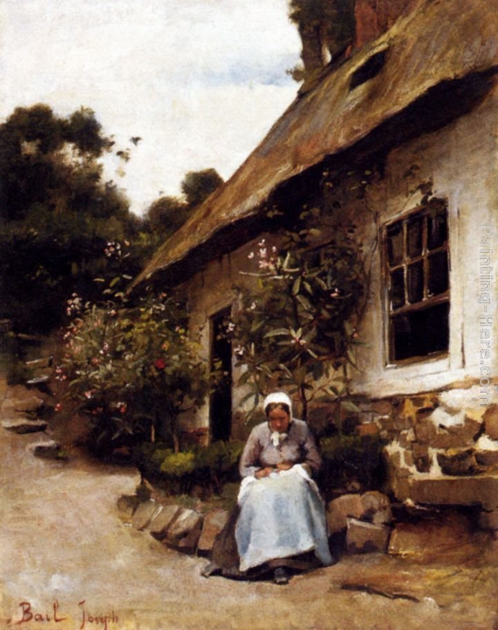 Claude Joseph Bail Woman Sewing In Front Of Her Cottage